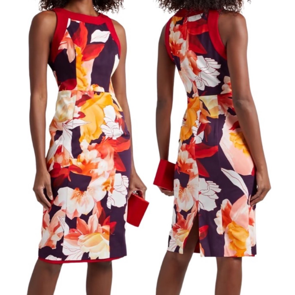 Black Halo Rohan Floral Sheath Midi Dress In Botanic Punch Red Purple Print Sz 6